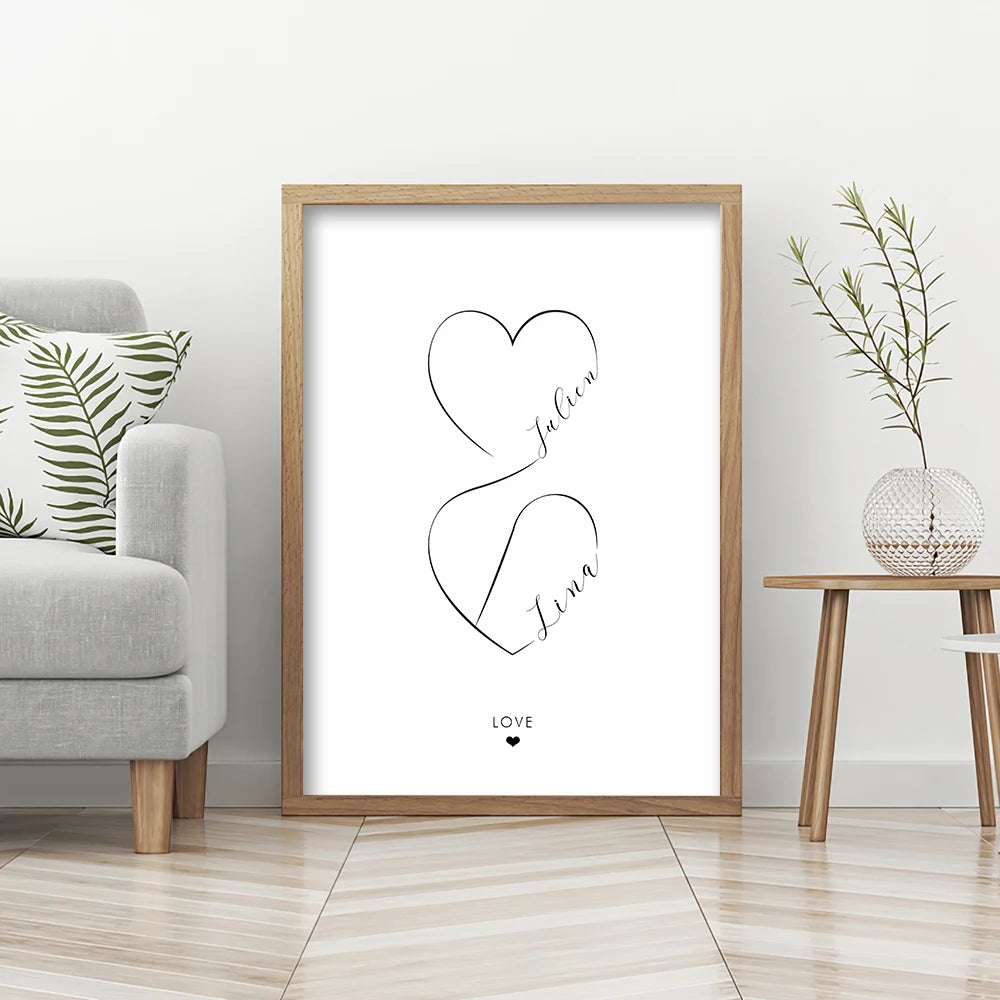 Personalized Love Heart Couples Names Poster Wall Art Black White Fine Art Canvas Prints Simple Pictures For Bedroom Living Room Wall Decor