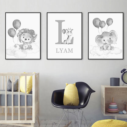 Cute Personalized Baby's Name Wall Art Fine Art Canvas Prints For Nursery Room Baby Lion Elephant Giraffe Pictures For Kid's Room Decor