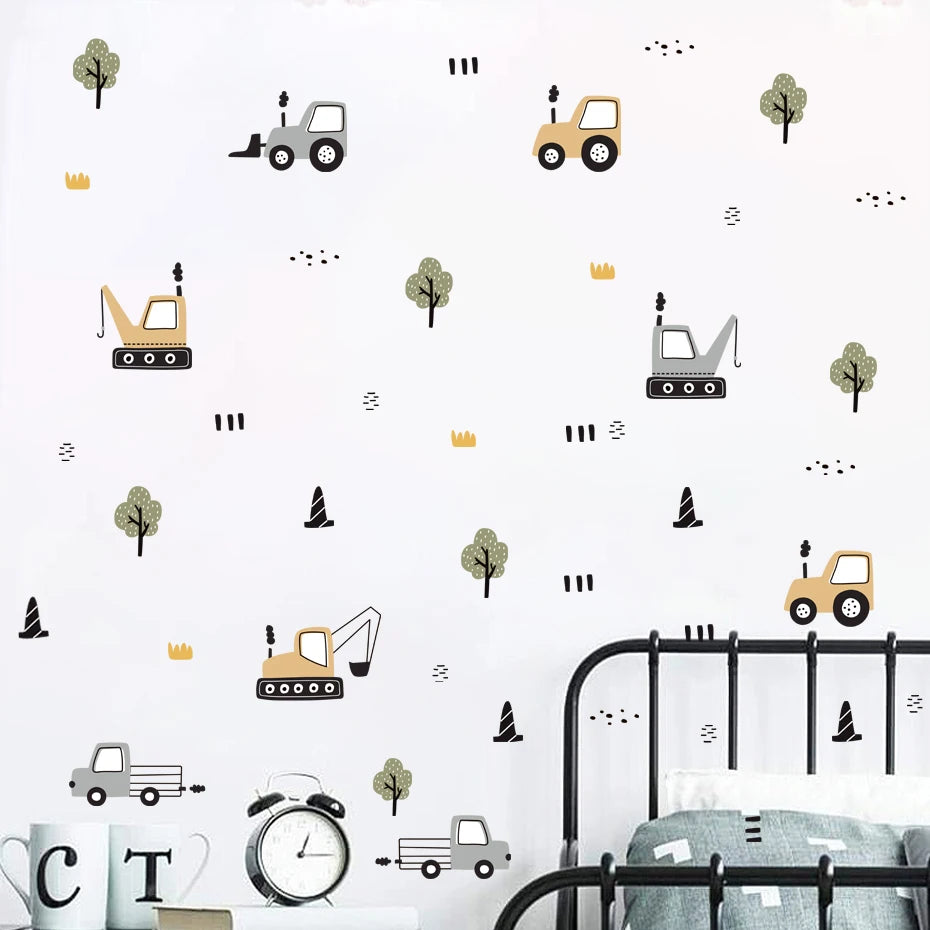 Cute Kids Construction Trucks Wall Stickers For Nursery Room Removable Peel & Stick PVC Wall Decals For Creative Children's Room Home Decor