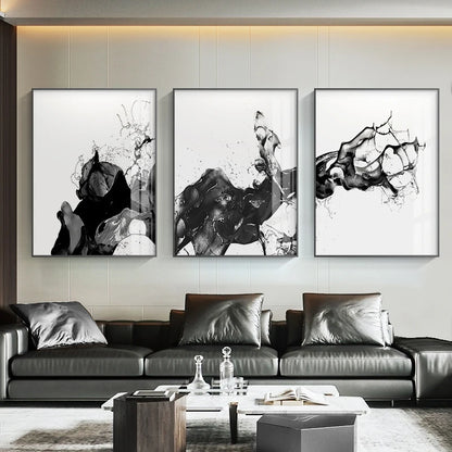 Minimalist Black Ink Splash Abstract Wall Art Fine Art Canvas Prints Black & White Posters Pictures For Modern Loft Apartment Home Office Art Decor