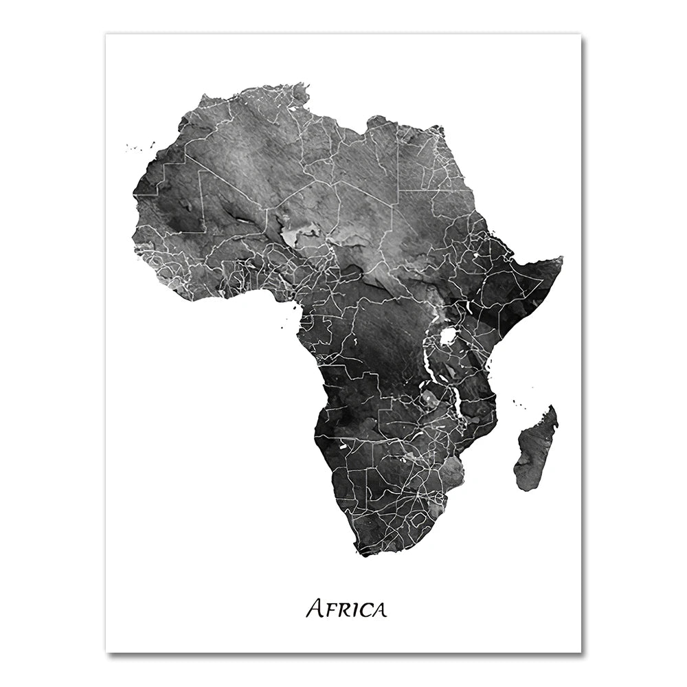 * Featured Sale * Africa Map Wall Art Black & White Poster Fine Art Canvas Print African Continent Travel Map Art For Home Office Wall Decoration