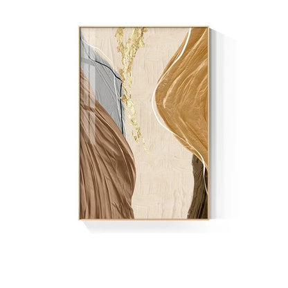 Golden Brown Beige Abstract Wall Art Flowing Silk Fine Art Canvas Prints Pictures For Luxury Penthouse Living Room Apartment Decor