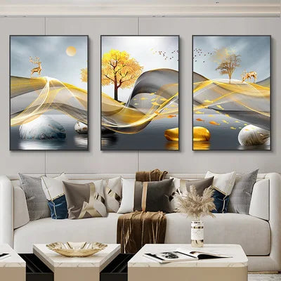 Set of 3Pcs Abstract Flowing Landscape Wall Art Fine Art Canvas Prints Auspicious Pictures For Living Room Home Office