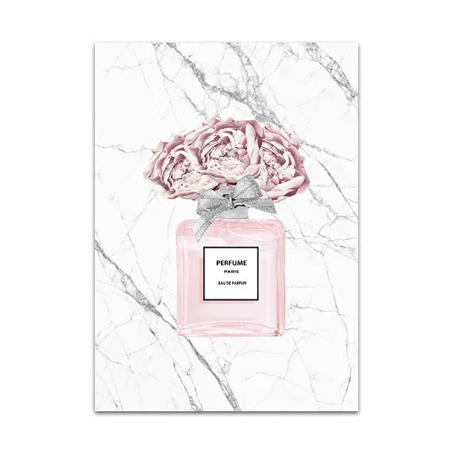 Chic Fashion Wall Art Posters Fine Art Canvas White Marble Background Pink Paris Perfume Prints Peonies Pictures For Bedroom Living Room Beauty Salon Wall Art Decor