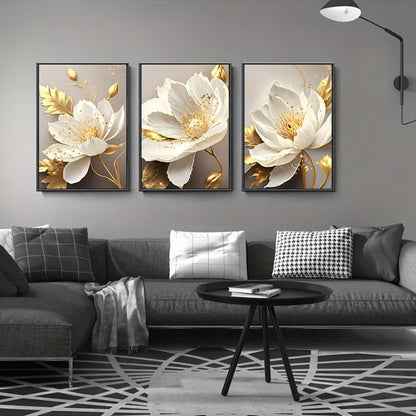 Abstract Nordic Floral White Petal Golden Leaf Flowers Wall Art Fine Art Canvas Prints Pictures For Bedroom Living Room Hotel Room Art Decor