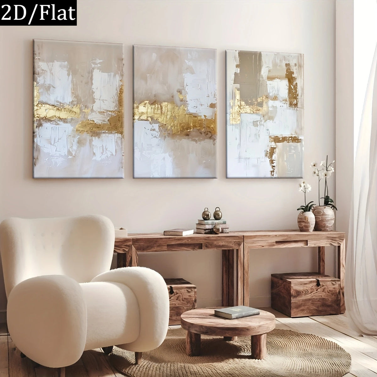Three-piece abstract canvas wall art set with gold leaf accents in white, beige, and gray, displayed in a modern living room setting above a wooden console table.