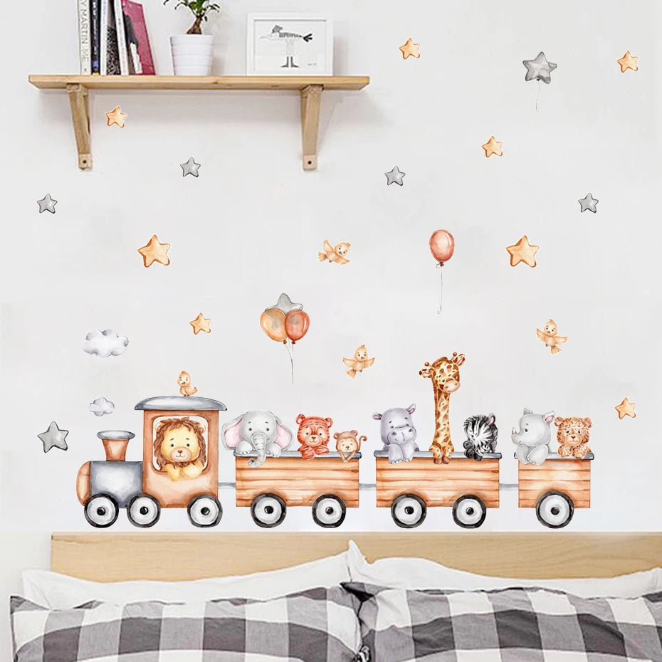 Cute Jungle Animals Train Wall Sticker For Children's Nursery Room Removable Peel & Stick Wall Decal For Baby's Room Creative DIY Home Decor