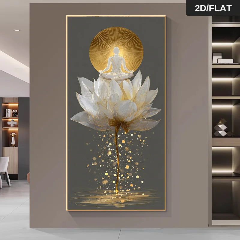 Golden Lotus Meditation Canvas Wall Art Fine Art Canvas Print – Radiant Spiritual Enlightenment Design for Modern Home Decor