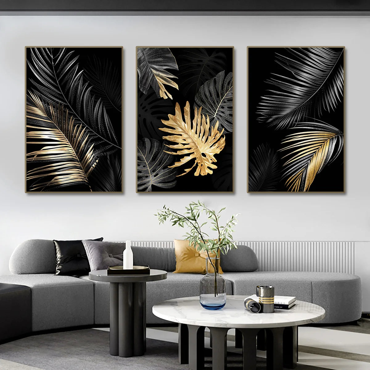 * Featured Sale * Black Golden Leaf Wall Art Fine Art Canvas Prints Modern Tropical Botanical Pictures For Living Room Bedroom Home Office Decor