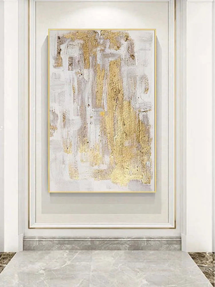 * Hand Painted * Large Format Golden Abstract Wall Art Painting Textured Brushed Strokes Acrylic Oil On Canvas Picture For Living Room Decor