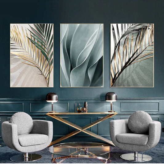 Green Golden Fern Leaves Wall Art Fine Art Canvas Prints Modern Botanical Pictures For Living Room Dining Room Home Office Decor