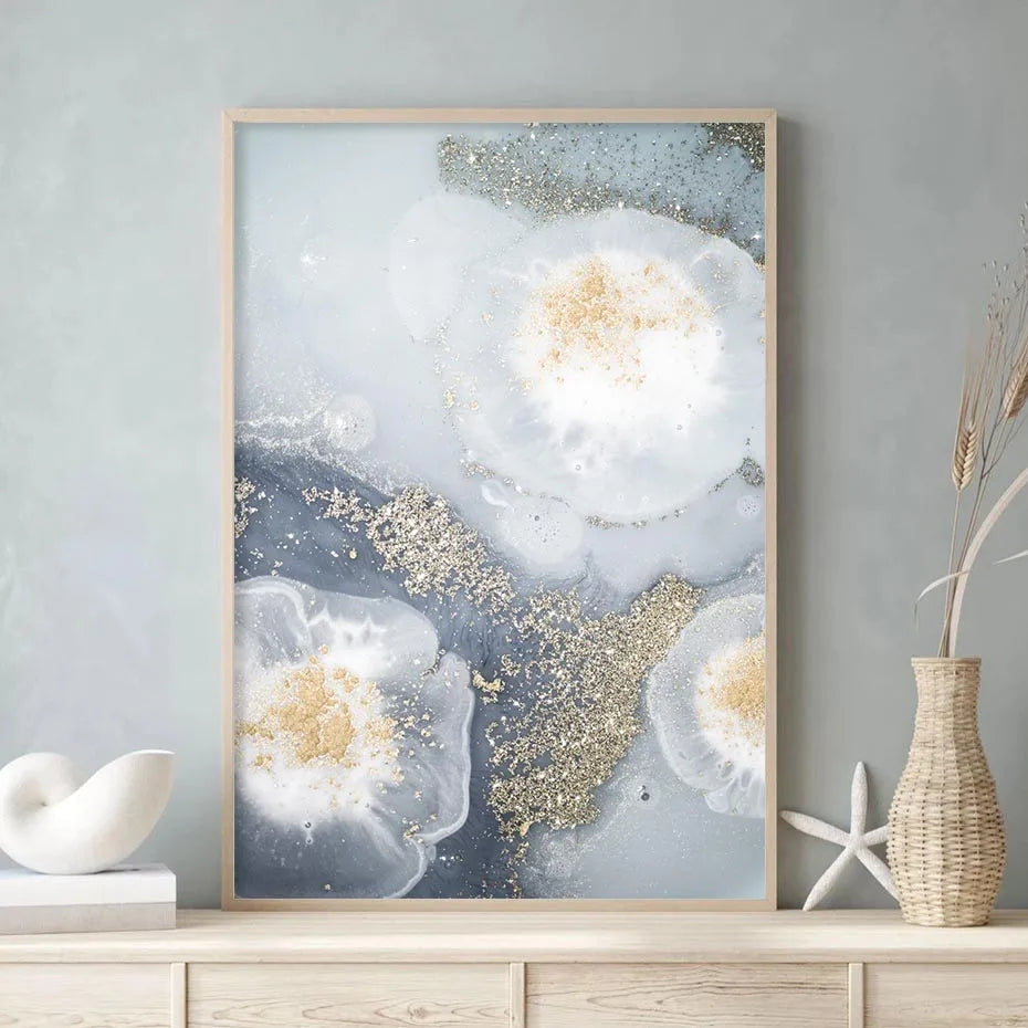 Blue White Golden Abstract Floral Wall Art Fine Art Canvas Prints Poster Picture For Modern Living Room Bedroom Nordic Home Decor