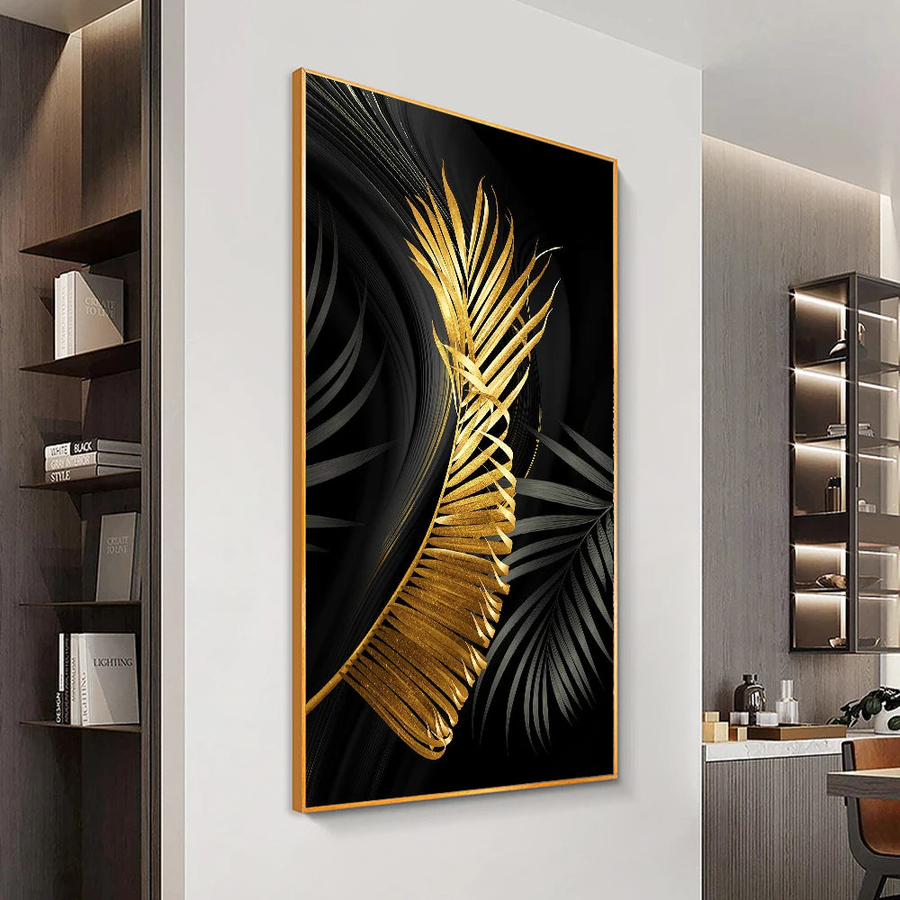 * Featured Sale * Exotic Tropical Botanical Black Golden Leaves Wall Art Fine Art Canvas Prints Pictures For Luxury Living Room Bedroom Boutique Hotel Decor