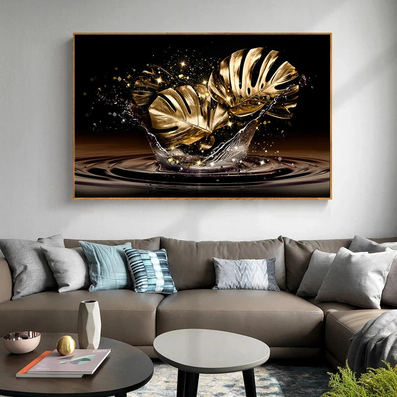 Black Golden Leaves Abstract Wall Art Fine Art Canvas Prints Pictures For Modern Living Room Dining Room Bedroom Art Light Luxury Home Decor