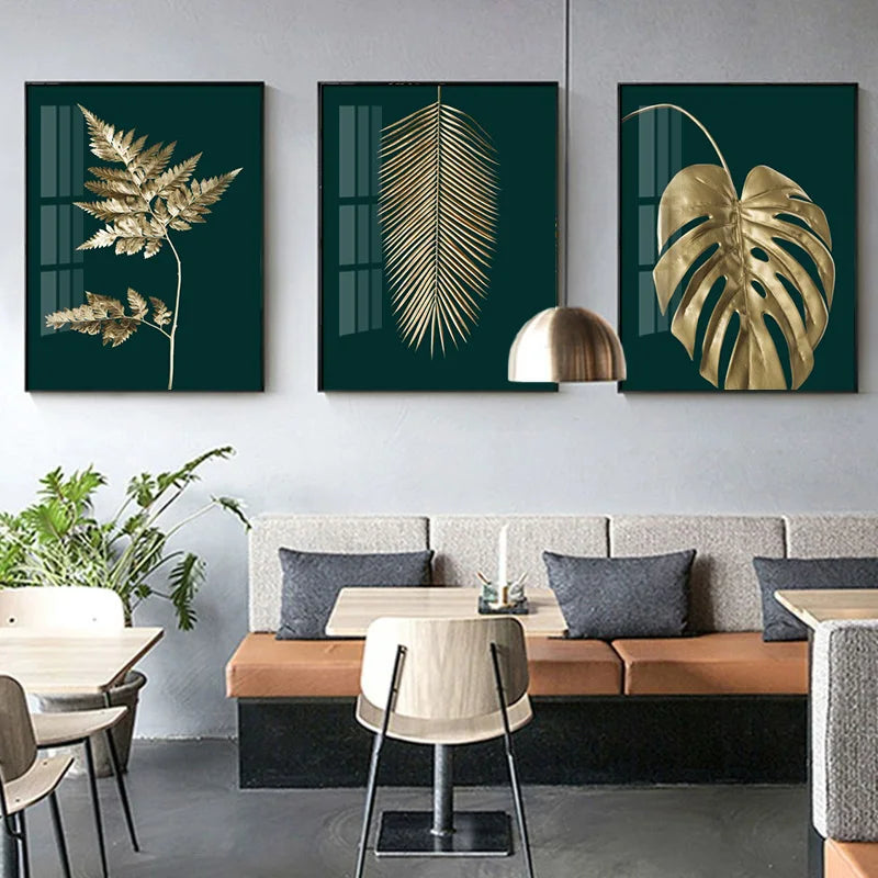 Abstract Tropical Botany Golden Leaves Wall Art Fine Art Canvas Prints Pictures For Living Room Dining Room Light Luxury Home Decor