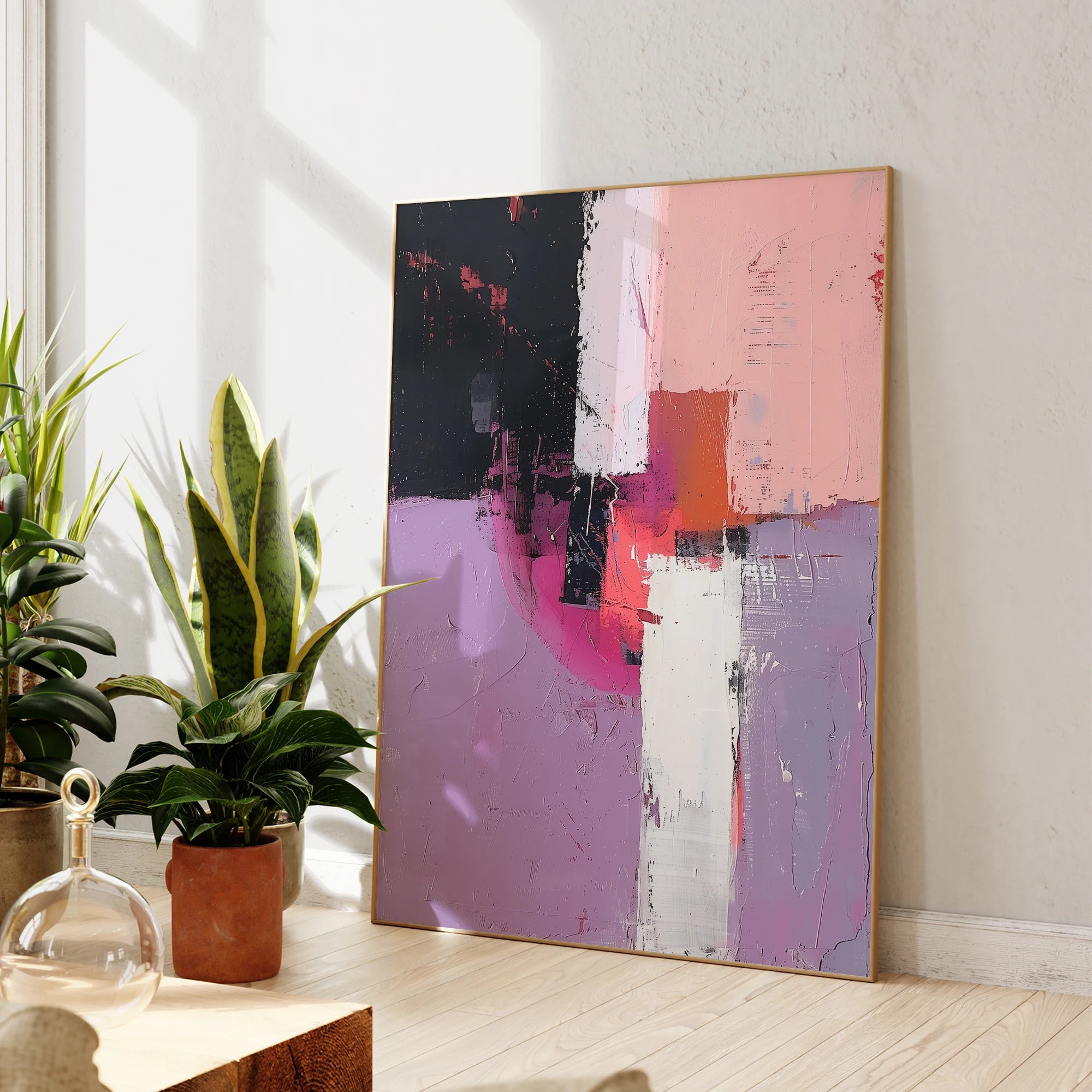 Modern Abstract Pink Black Purple Color Block Wall Art Fine Art Canvas Prints Pictures For Living Room Bedroom Art For Contemporary Interiors