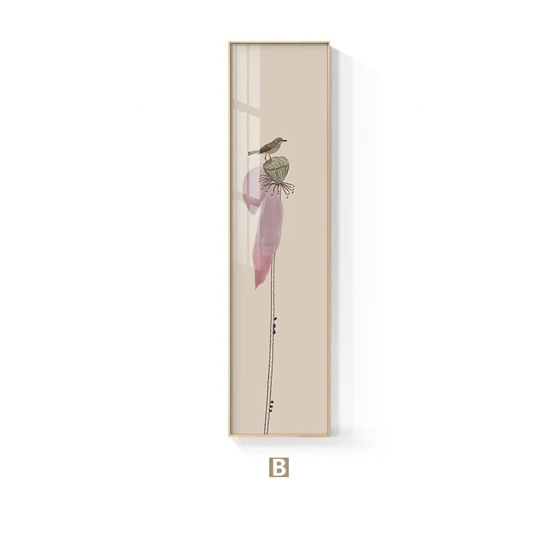 Minimalist Floral Birds & Butterfly Wall Art Fine Art Canvas Prints Tall Vertical Format Pictures For Foyer Lobby Reception Room Art Decor