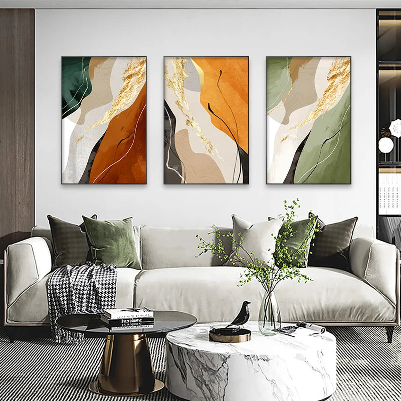 Colorful Nordic Abstract Geomorphic Wall Art Fine Art Canvas Prints Green Brown Beige Orange Pictures For Living Room Dining Room Decor