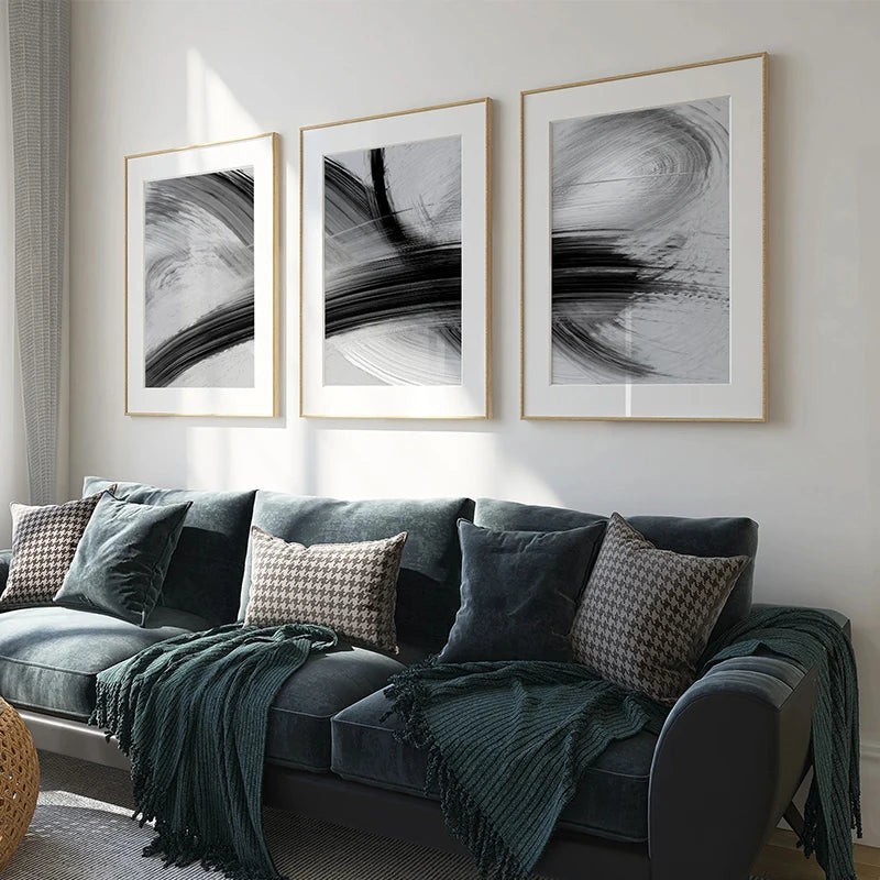 Flowing Brush Strokes Abstract Wall Art Fine Art Canvas Prints Black and White Pictures For Modern Apartment Living Room Bedroom Art For Contemporary Interiors