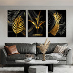 * Featured Sale * Exotic Tropical Botanical Black Golden Leaves Wall Art Fine Art Canvas Prints Pictures For Luxury Living Room Bedroom Boutique Hotel Decor
