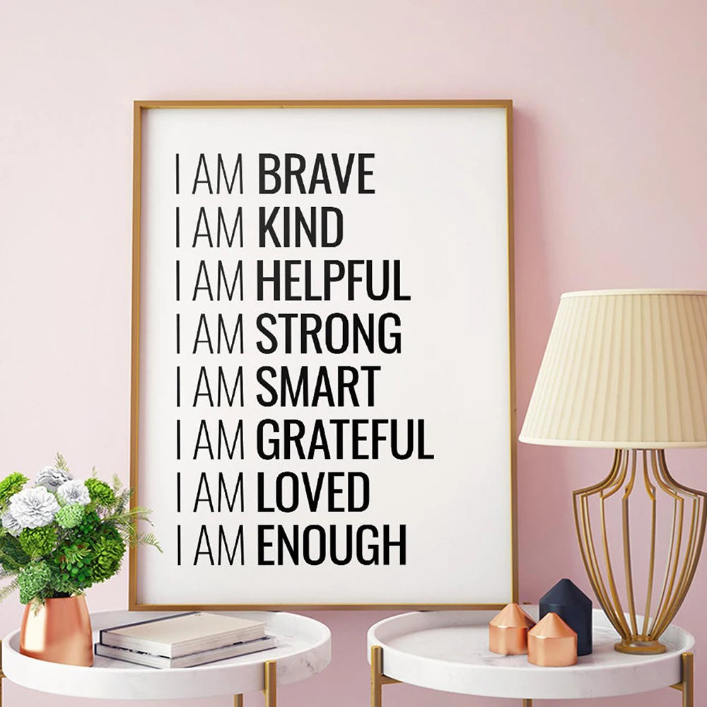 I Am Enough Inspirational Quote Wall Art Fine Art Canvas Print Black White Daily Mantra Motivational Poster For Bedroom Living Room Wall Decor
