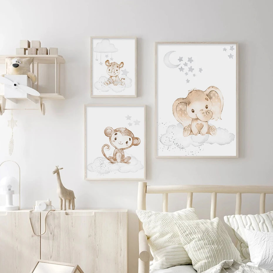 Baby Elephant Monkey And Friends African Animals Nursery Wall Art Fine Art Canvas Prints Cute Pictures For Baby's Room Kids Room Wall Decor