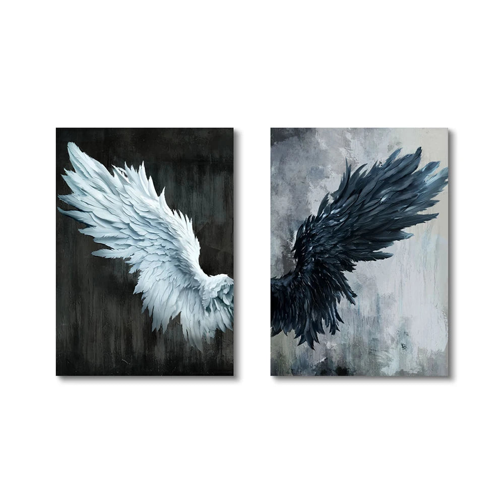Two paintings of angel wings, one white and one black, on a white background.