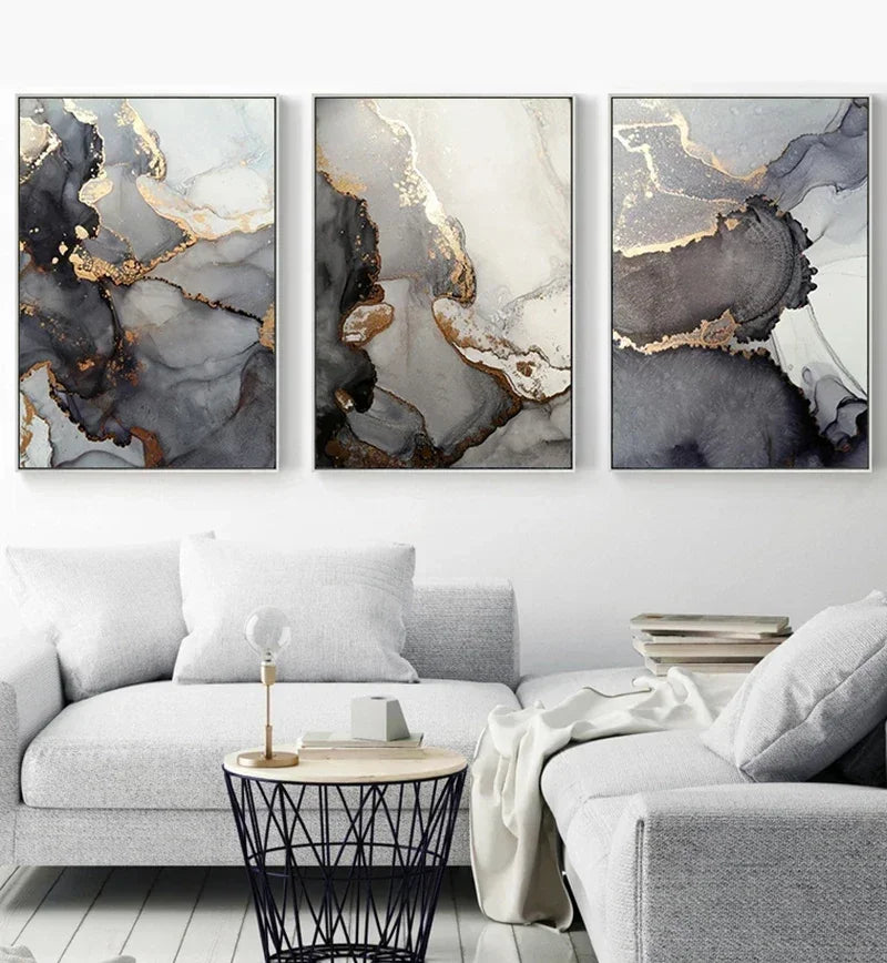 Black Golden Gray Marble Print Wall Art Fine Art Canvas Prints Abstract Pictures For Modern Apartment Living Room Home Office Decor