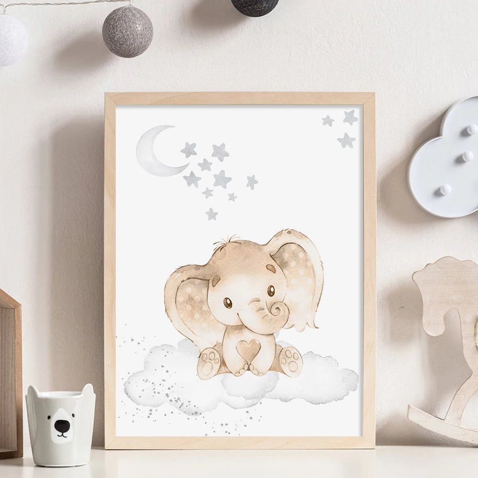 Baby Elephant Monkey And Friends African Animals Nursery Wall Art Fine Art Canvas Prints Cute Pictures For Baby's Room Kids Room Wall Decor
