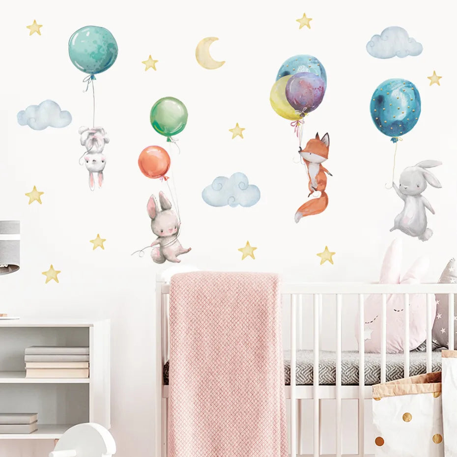 Cute Colorful Cartoon Bunnies Balloons Nursery Wall Stickers Removable Peel & Stick Vinyl Wall Decals For Creative DIY Kid's Room Wall Decoration