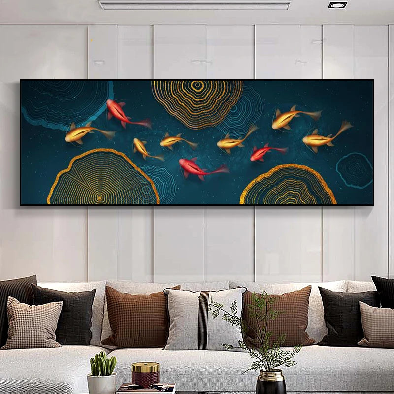 Auspicious Feng Shui Abstract Golden Fish Wall Art Fine Art Canvas Prints Wide Format Pictures For Living Room Above The Sofa Art For Above The Bed
