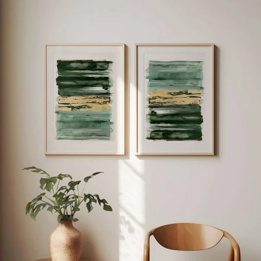 Modern Nordic Abstract Shades Of Green Golden Wall Art Fine Art Canvas Prints Pictures For Living Room Dining Room Bedroom Scandinavian Home Decor