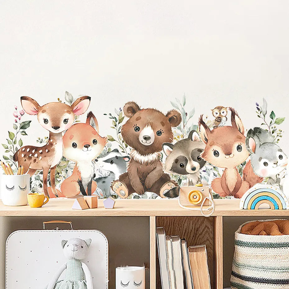 Cute Woodland Animals Wall Decals Bear Rabbit Deer Fox & Friends Peel & Stick Removable Wall Decals For Nursery Room Creative DIY Decor