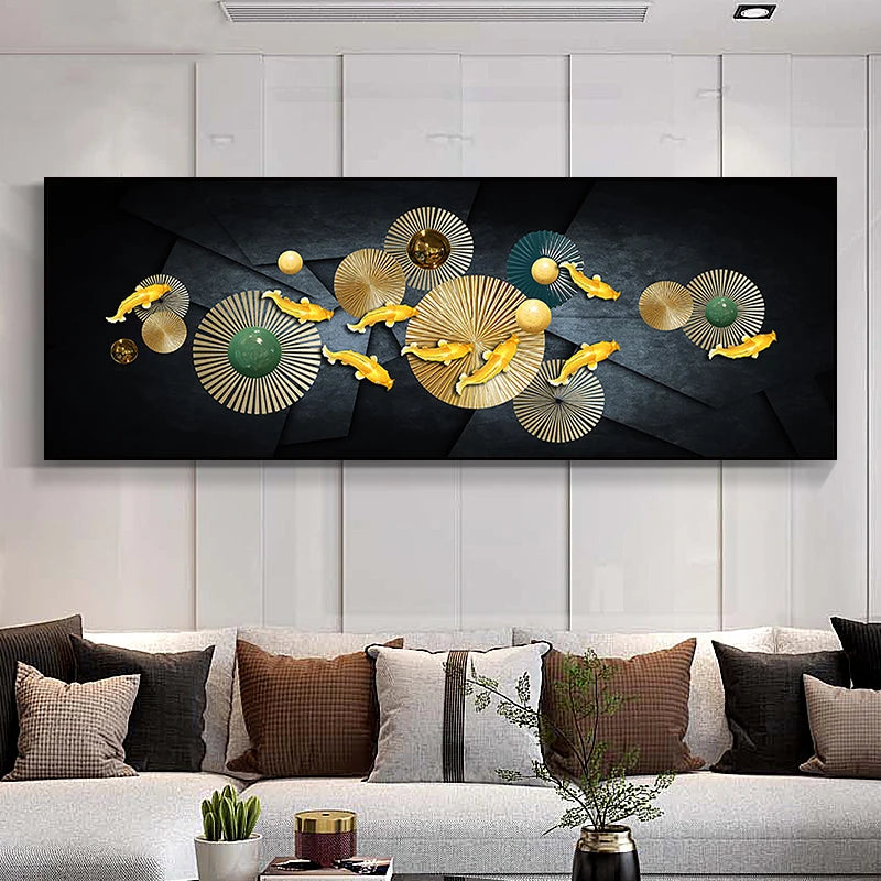 Auspicious Feng Shui Abstract Golden Fish Wall Art Fine Art Canvas Prints Wide Format Pictures For Living Room Above The Sofa Art For Above The Bed