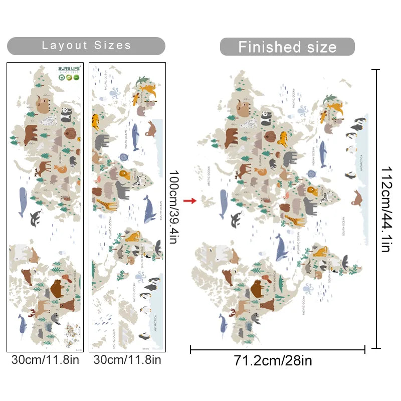 Wildlife Of The World Watercolor Map Wall Sticker For Kid's Playroom Removable PVC Wall Decal Mural For Creative DIY Children's Room Decoration