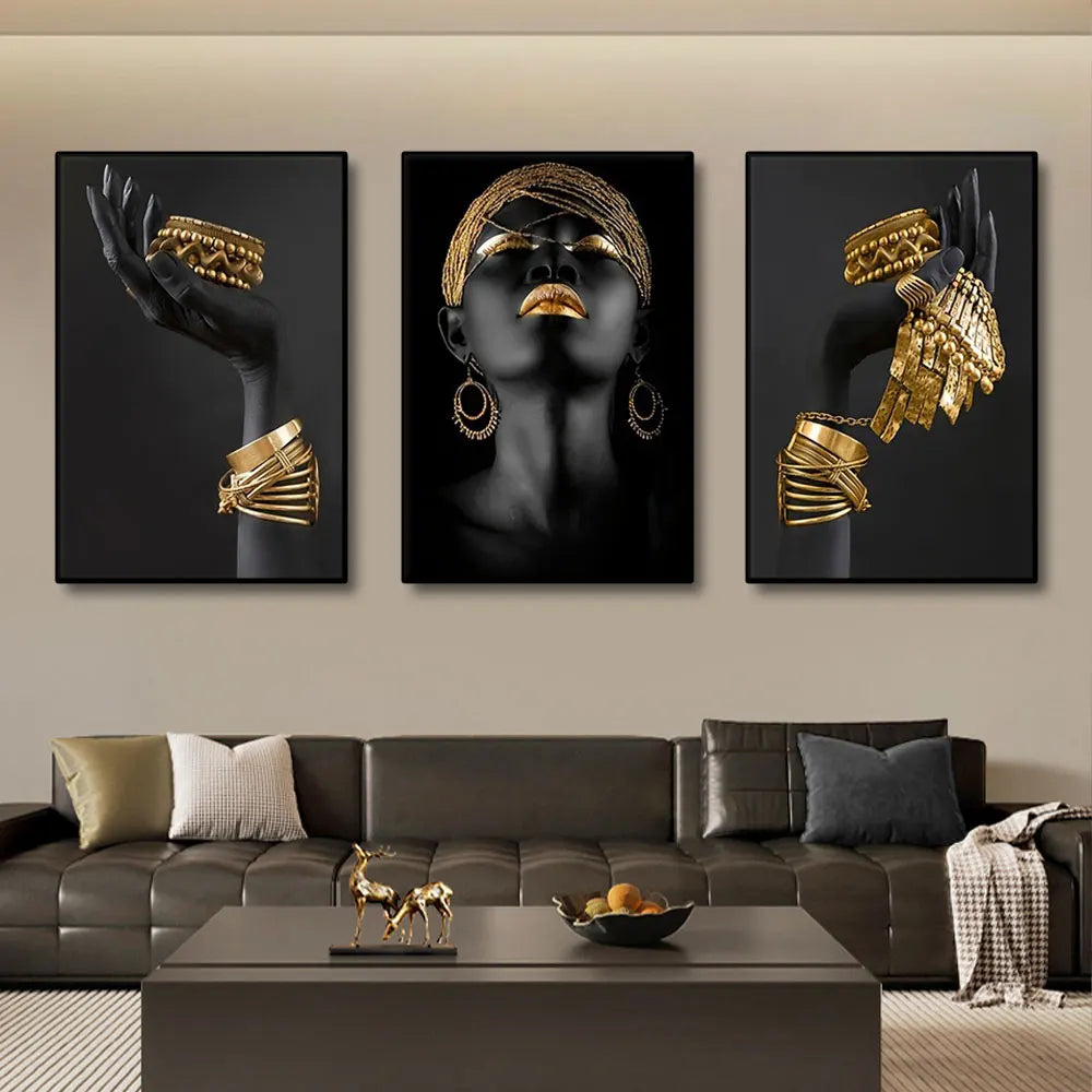 Modern Minimalist Black Golden Woman Portrait Wall Art Fine Art Canvas Prints Pictures For Luxury Living Room Dining Room Home Office Decor