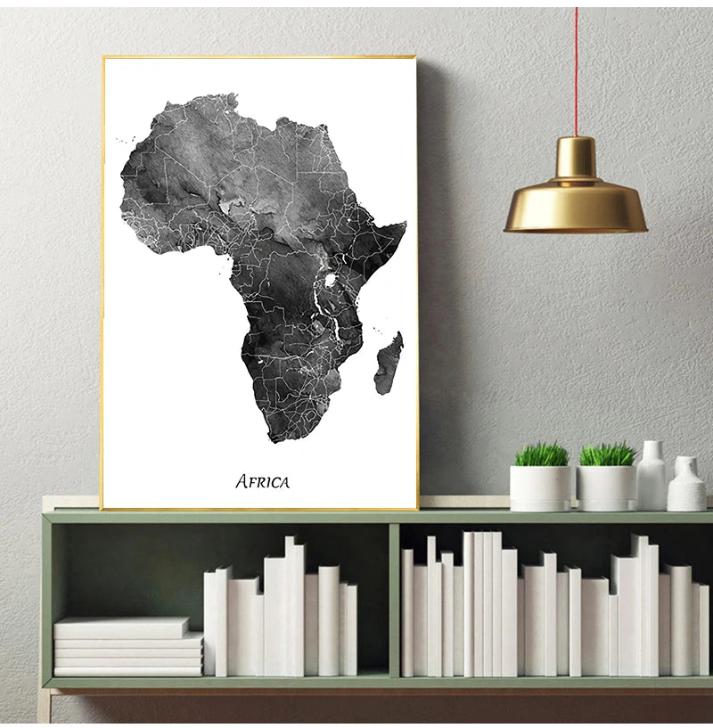 * Featured Sale * Africa Map Wall Art Black & White Poster Fine Art Canvas Print African Continent Travel Map Art For Home Office Wall Decoration