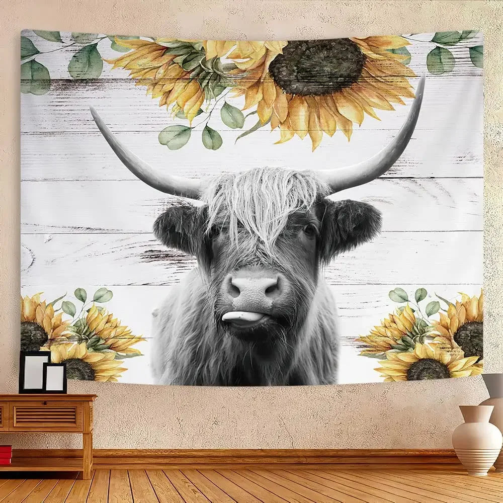 Highland Cattle Woven Tapestry Nordic Hanging Wall Decoration For Living Room Bedroom Rustic Farmhouse BnB Wall Decor 100x70cm - 150x180cm