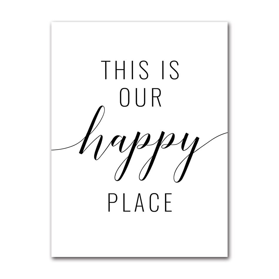 Happy Place Quotations Home Decor Wall Art Fine Art Canvas Prints Black White Minimalist Typographic Pictures For Family Living Room Wall Decor