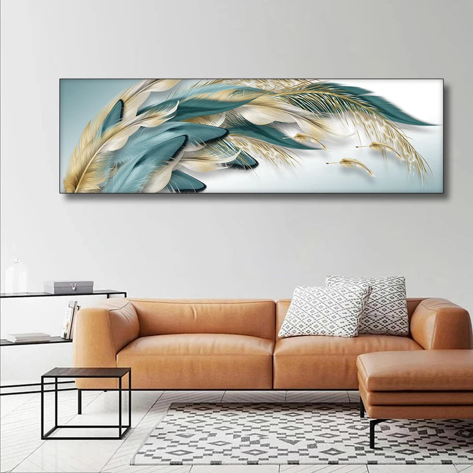 Modern Abstract Golden Blue Green Feathers Wall Art Fine Art Canvas Prints Wide Format Picture For Above The Sofa Above The Bed Art Decor