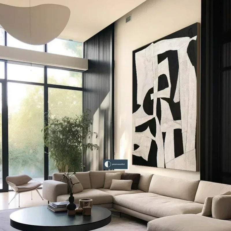 * Hand Painted * Black Beige Modern Abstract Art Large Format Canvas Oil Painting For Living Room Entrance Hall Foyer Art Decor - Unique Wall Art Hand Painted On Canvas (Unframed)