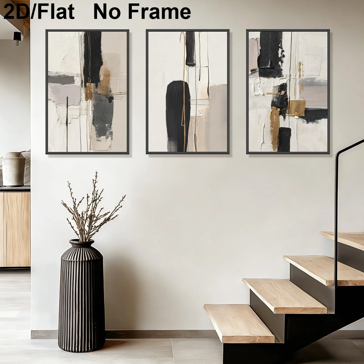 Three framed abstract wall art prints with black, white, gray, and beige brushstrokes displayed on a light wall above a staircase. 