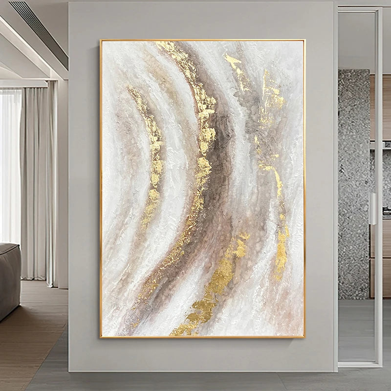 * Hand Painted * Large Format Golden Abstract Wall Art Painting Textured Brushed Strokes Acrylic Oil On Canvas Picture For Living Room Decor