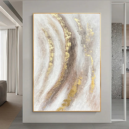 * Hand Painted * Large Format Golden Abstract Wall Art Painting Textured Brushed Strokes Acrylic Oil On Canvas Picture For Living Room Decor