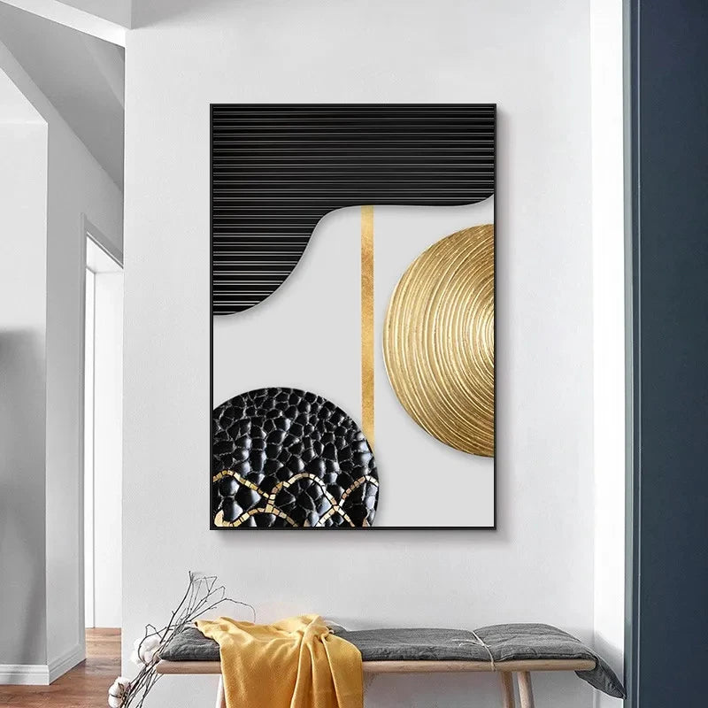 * Featured Sale * Modern Aesthetics Abstract Wall Art Fine Art Canvas Prints Black Grey Golden Geometry Pictures For Living Room Home Office Decor