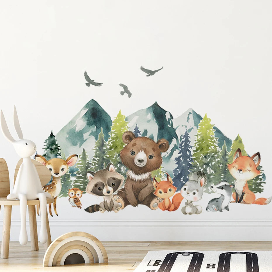 Cute Watercolor Woodland Animals Wall Stickers For Baby's Room Removable Peel & Stick PVC Wall Decal Mural For Creative DIY Nursery Decor