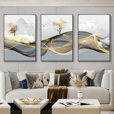 Set of 3Pcs Abstract Flowing Landscape Wall Art Fine Art Canvas Prints Auspicious Pictures For Living Room Home Office