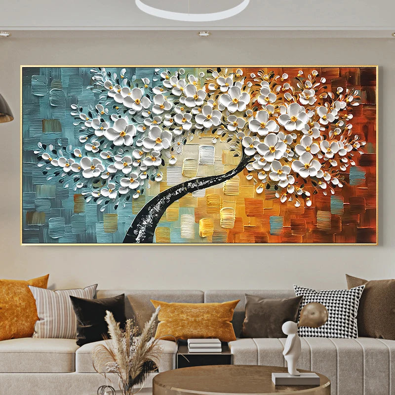 Modern Abstract Floral Oil Painting Fine Art Canvas Print Large Format Wall Art White Petal Flower Pictures For Living Room Bedroom Art Decor