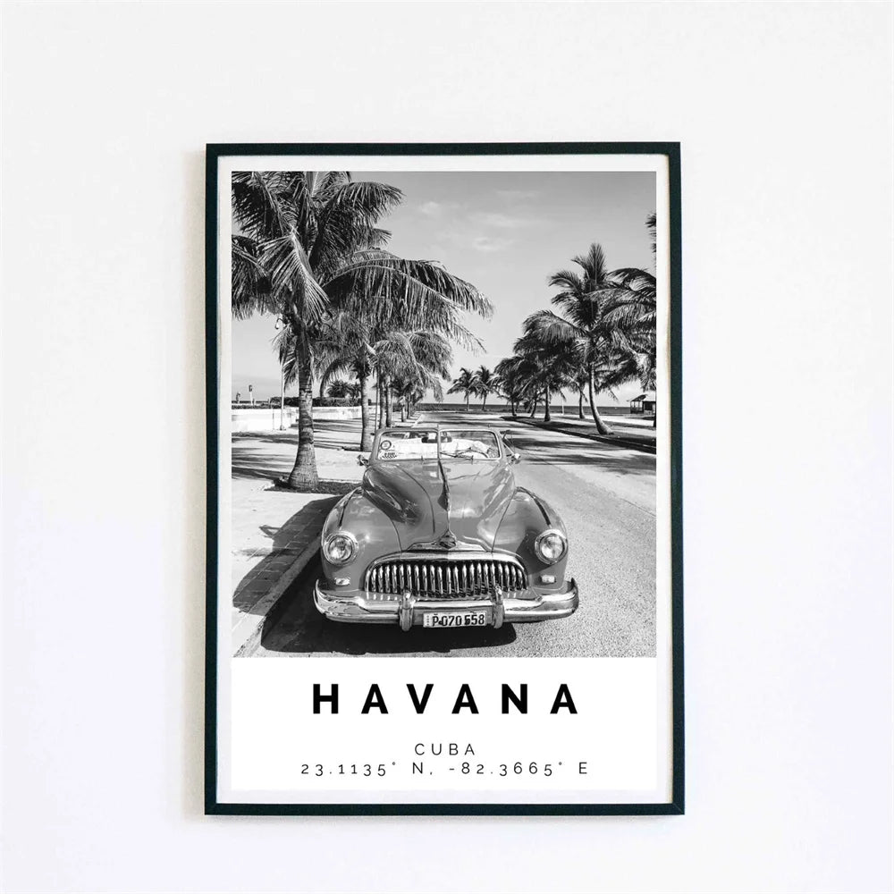 Cuba Havana Black & White Travel Poster Wall Art Fine Art Canvas Prints Pictures For Living Room Dining Room