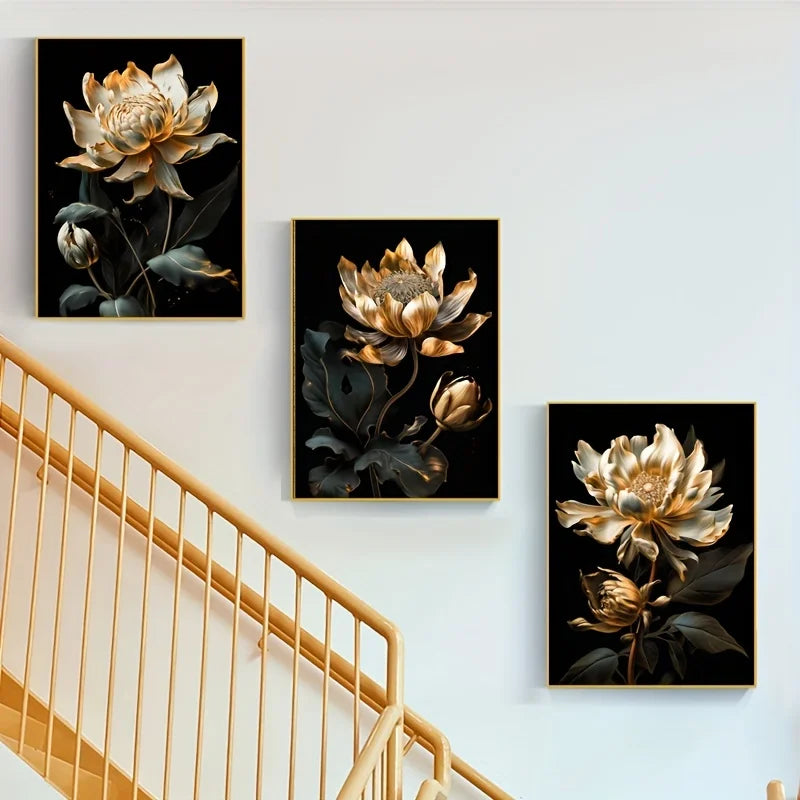 Black Golden Floral Wall Art Fine Art Canvas Prints Modern Botanical Pictures For Living Room Bedroom Light Luxury Home Decor